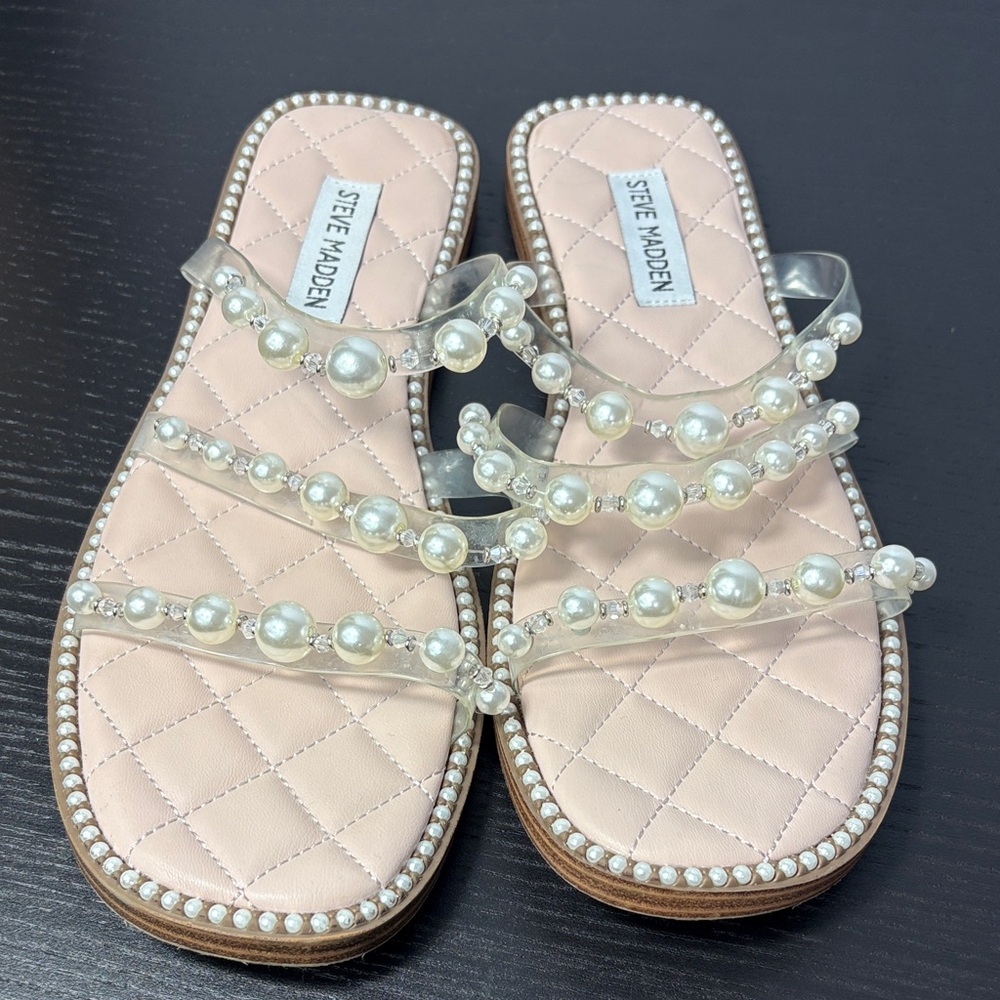 Steve Madden Pink Pearl-Embellished Clear-Strap Sandals